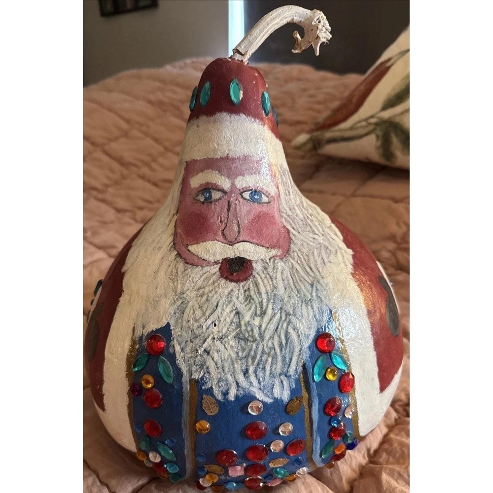 Large Vtg Hand Painted Christmas Gourd Folk‎ Art Santa Claus